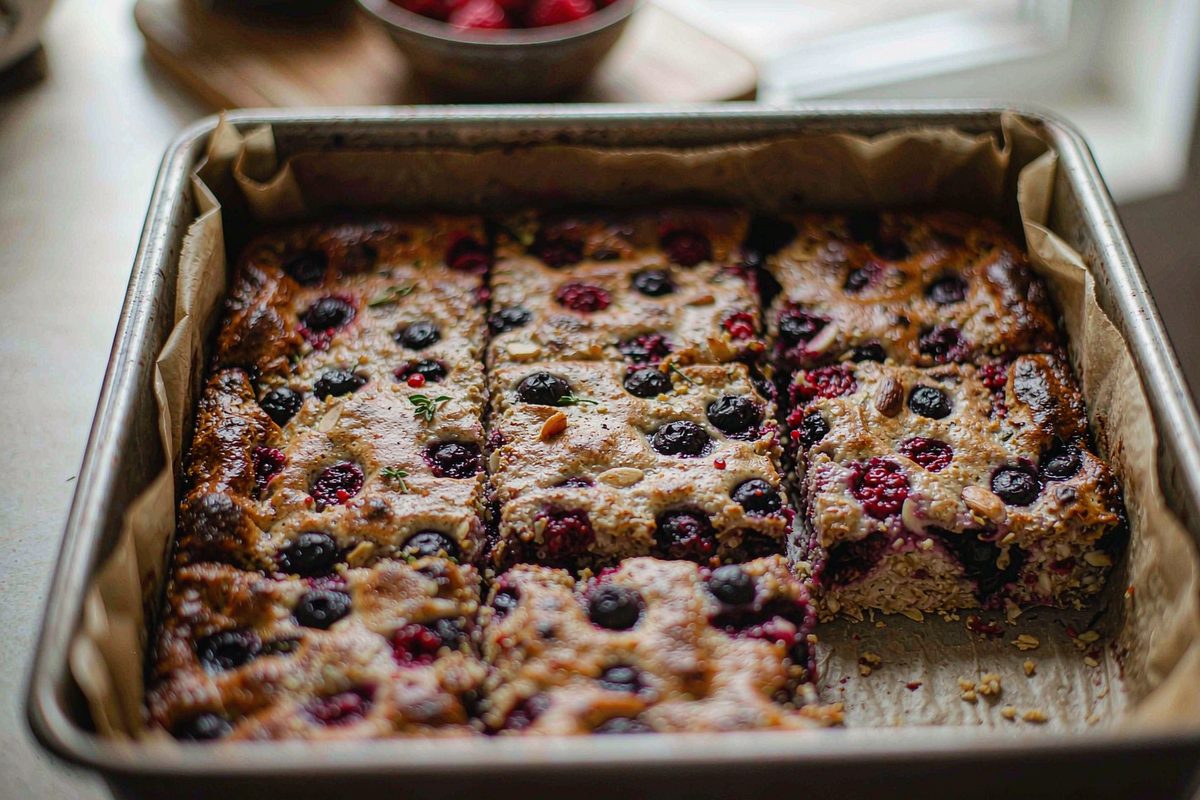 Baked oatmeal squares with berries showing a golden browned top edge