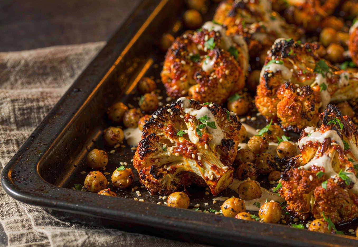 Charred harissa roasted cauliflower and crisp chickpeas with a tahini drizzle on a sheet pan