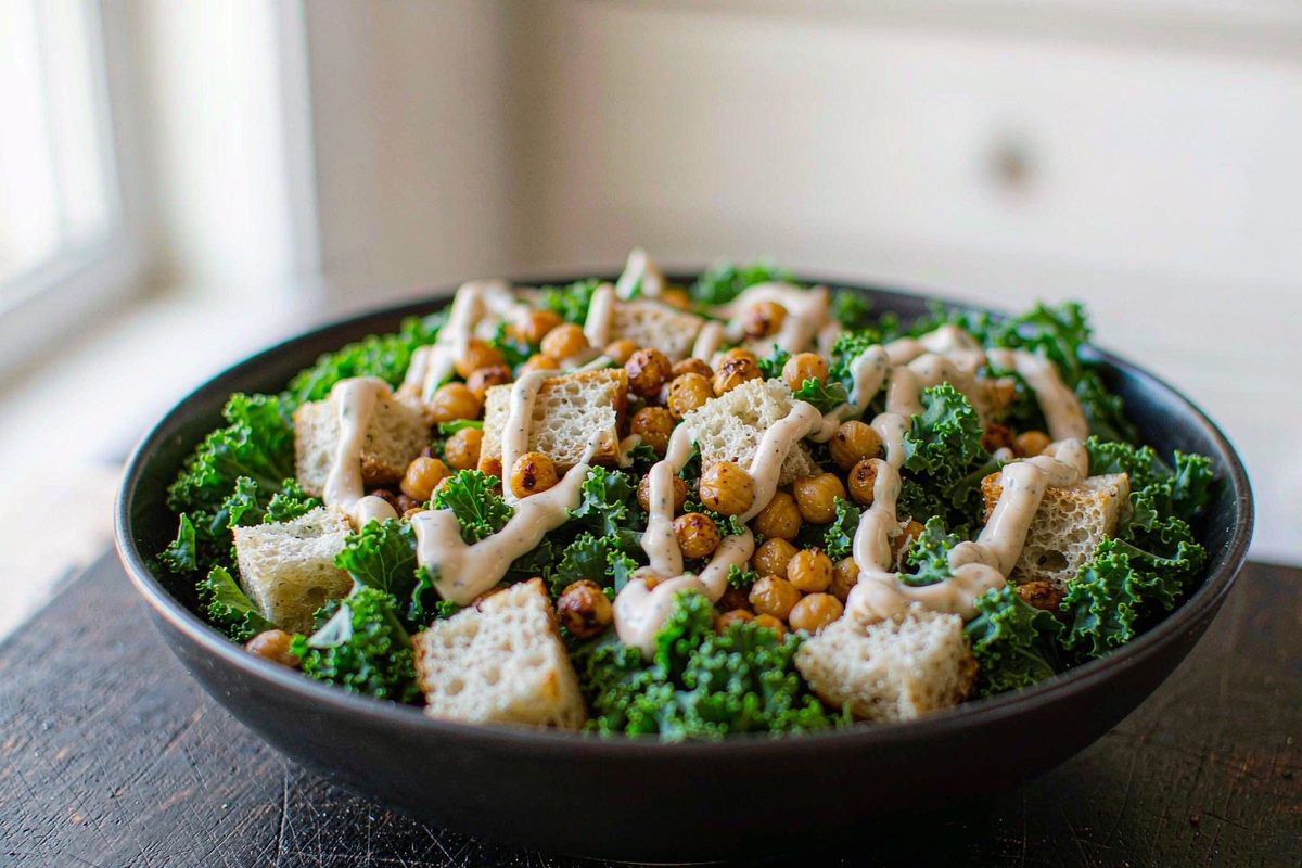 Kale salad with creamy yogurt dressing topped with crispy roasted chickpeas and croutons