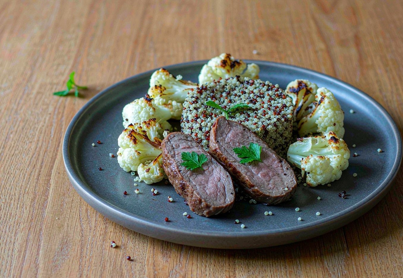 Sliced pork tenderloin on quinoa with roasted cauliflower florets