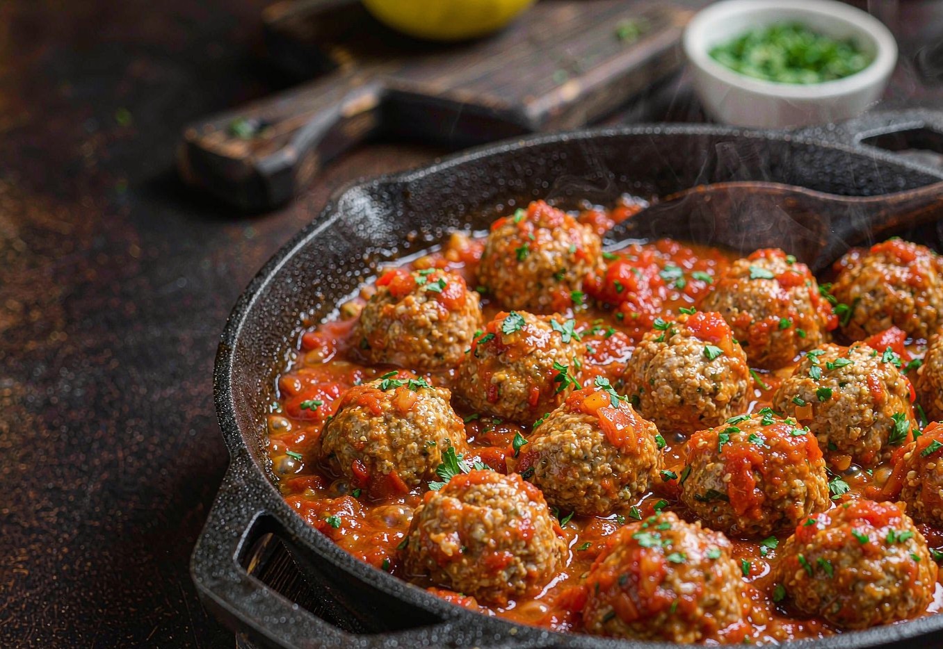 Pork and tofu meatballs simmering in a rich tomato sauce