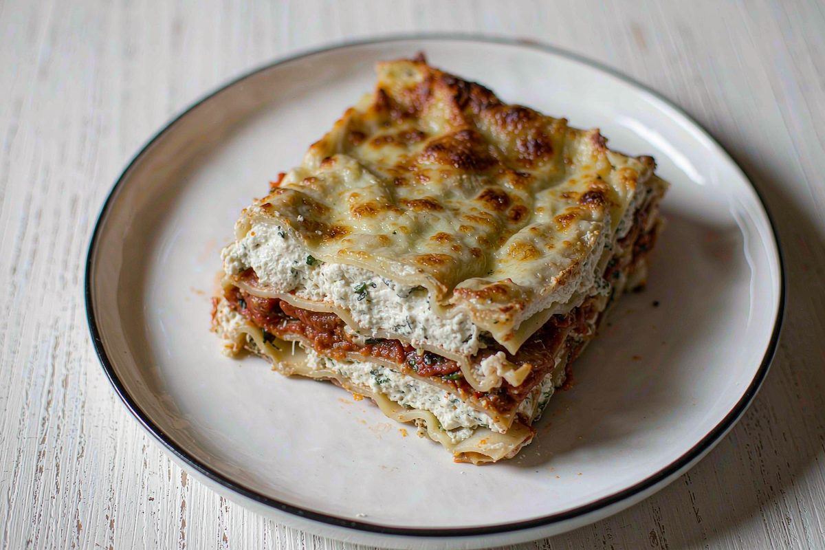Slice of roasted vegetable lasagna showing layered noodles ricotta and browned cheese