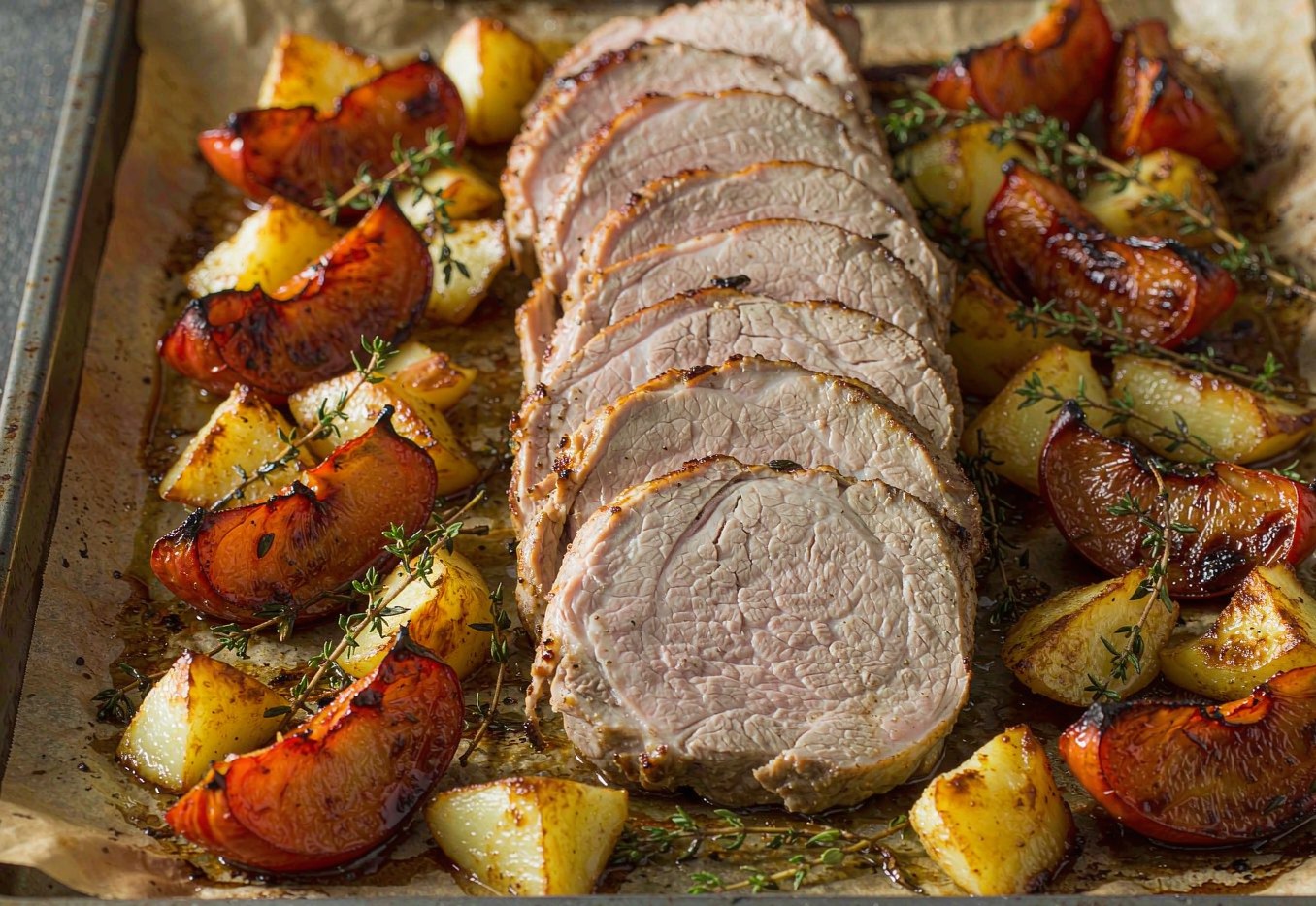 Roasted pork tenderloin with apples and potatoes on a sheet pan
