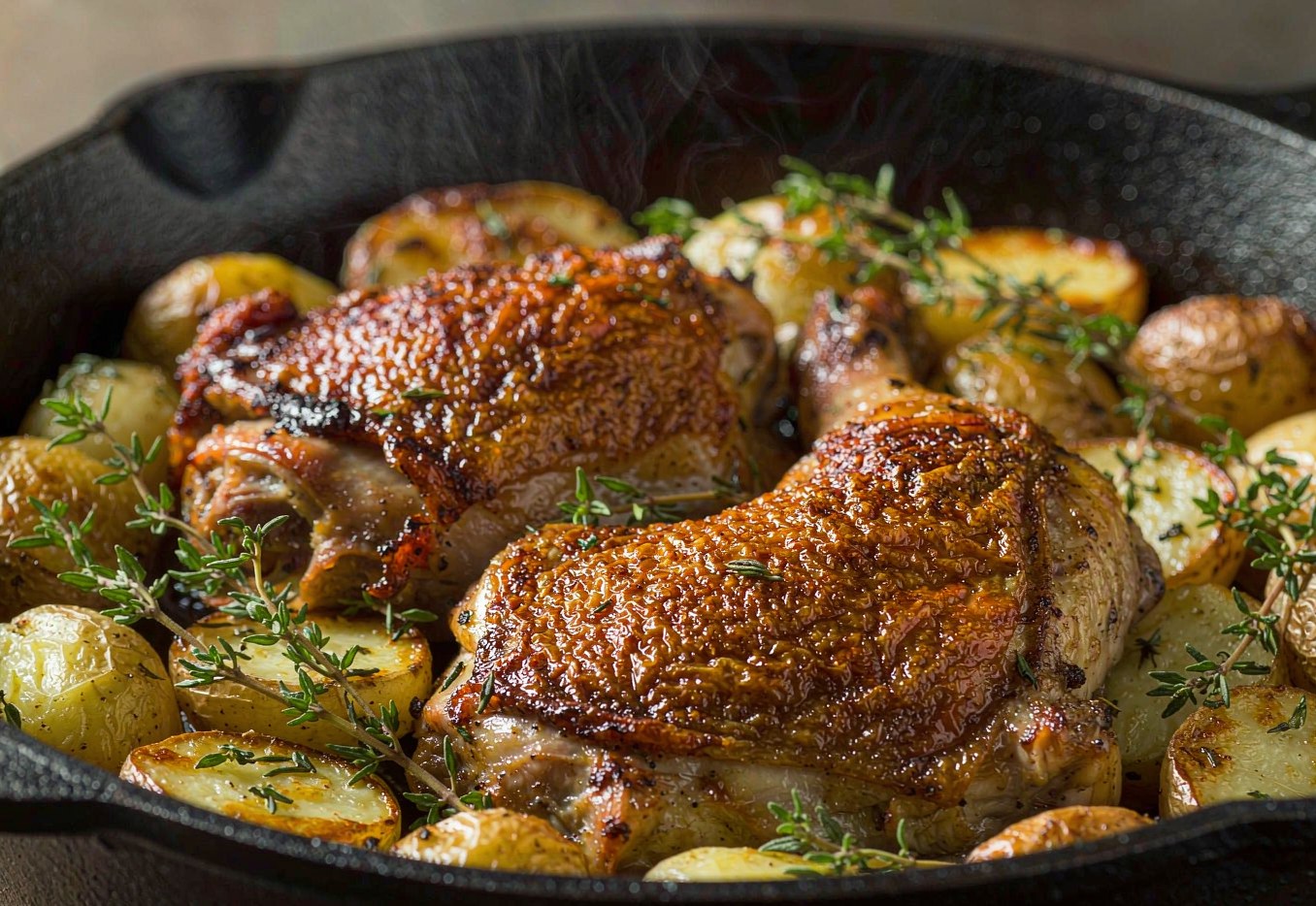Crispy skin-on chicken thighs beside browned halved baby potatoes in a cast iron skillet