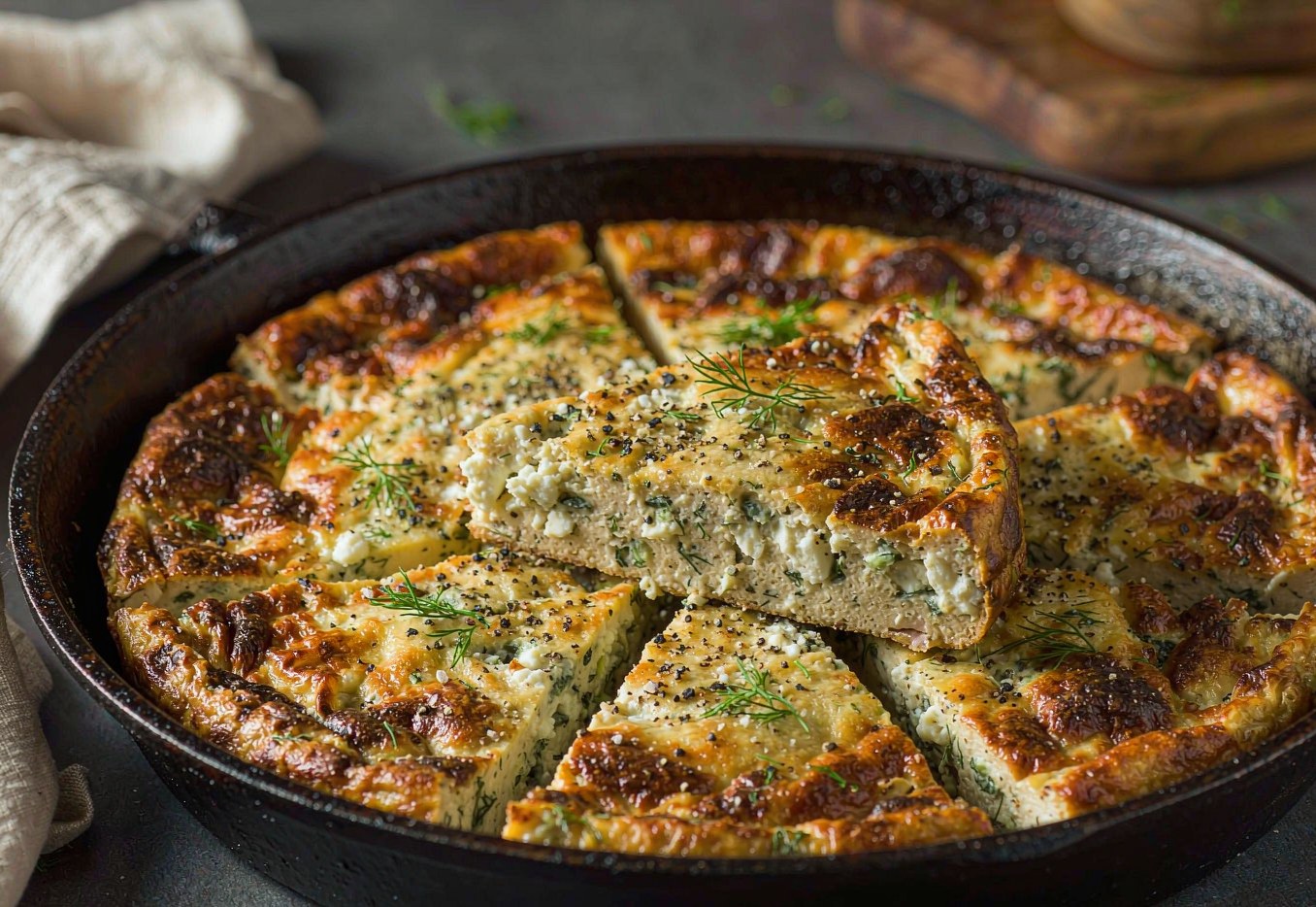 Golden spinach and feta frittata cut into wedges in a skillet