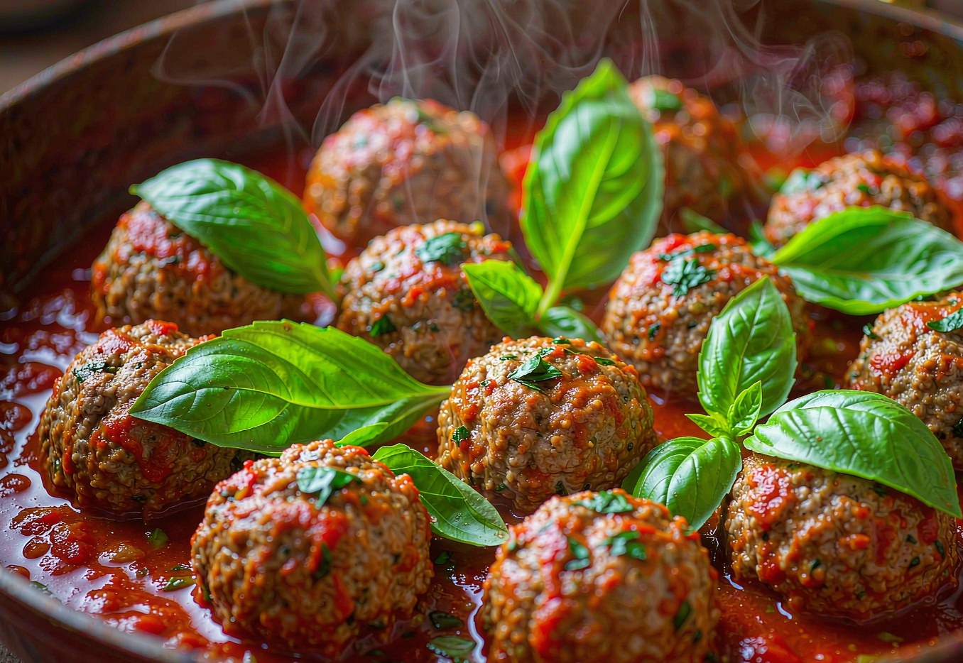 Baked turkey meatballs coated in tomato basil sauce in a wide skillet